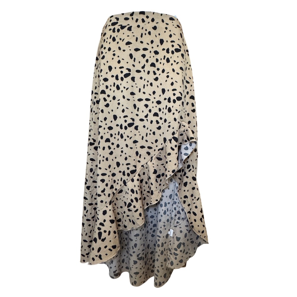 Asymetrical Animal Print‎ High-Low Ruffle Maxi Skirt Small Tan Black Flowy Boho